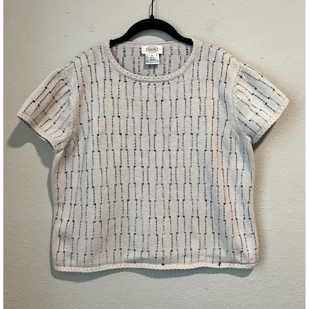 Vintage Talbots Women's Knit Top Size XL Textured Cotton Beige Blue Short Sleeve